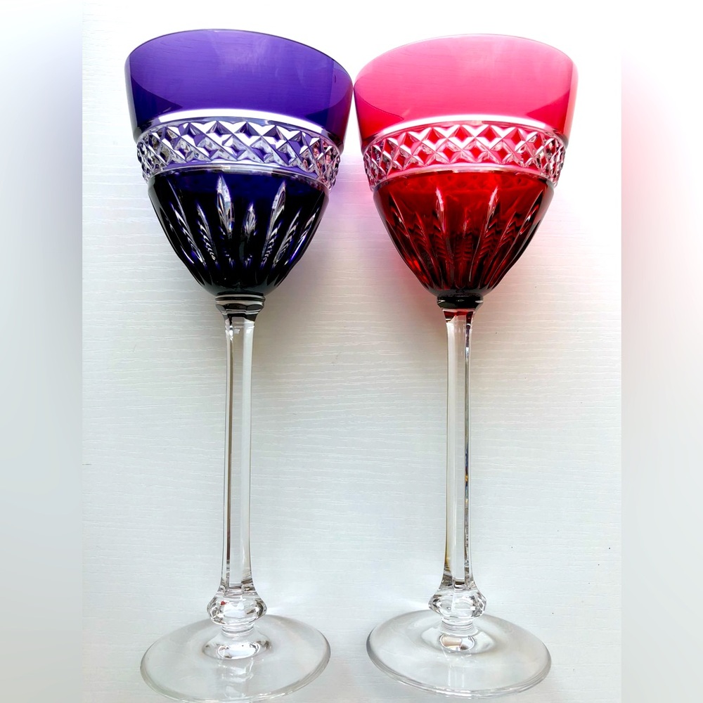 VTG Color Bohemian Cut to Clear Crystal Bell Shape Wine Glasses Amethyst & ruby